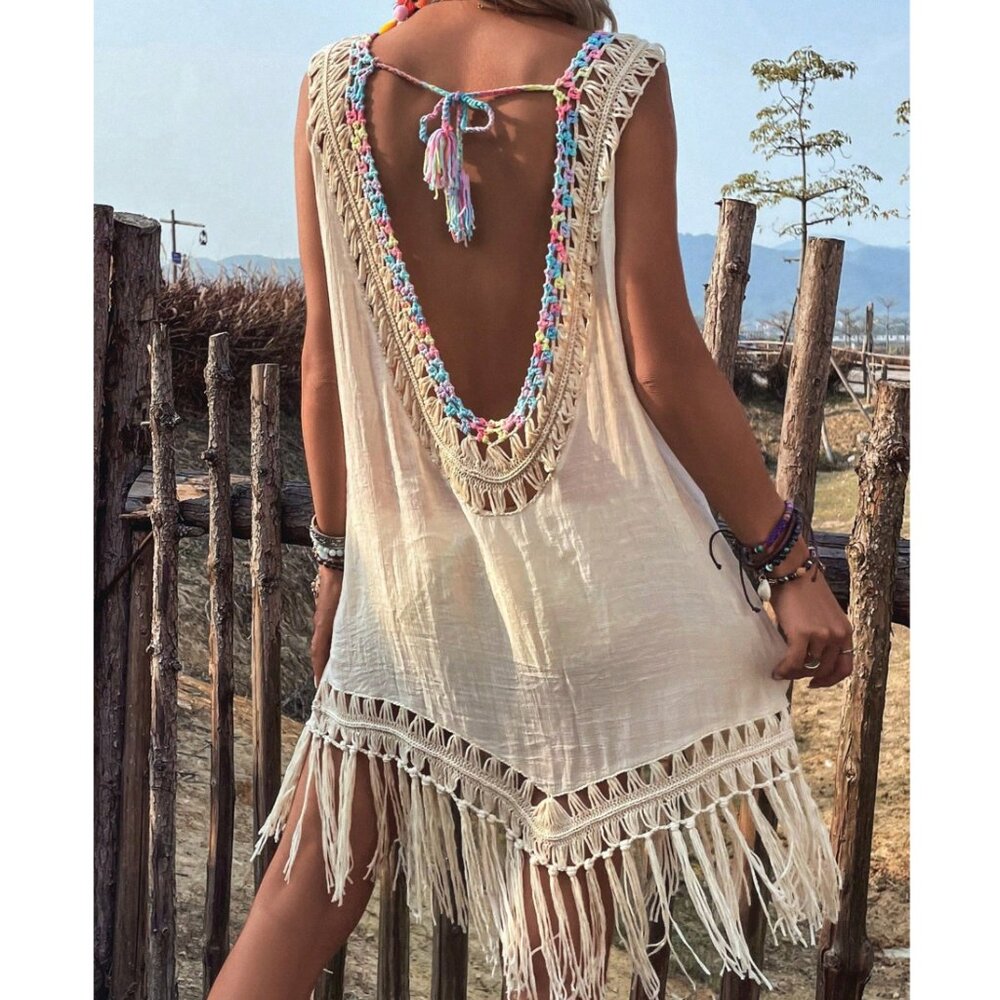 Boho Fringe Backless Swim Cover Up Resort Beach Crochet Style - Picture 3 of 7